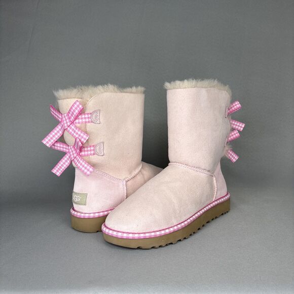Women's UGG Boots Bailey Bow Gingham Seashell Pink Sz 7 Coquette 1101669 RARE! - Picture 1 of 16